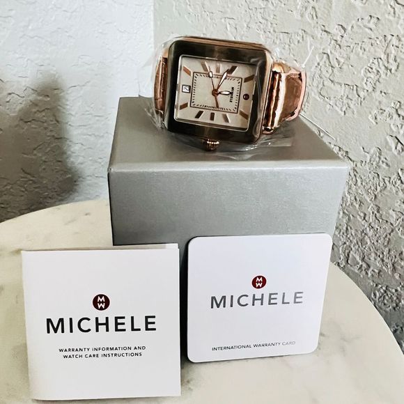 MICHELE Deco Sport Watch Head & Pink Gold Leather Strap Watch, 34mm, NEW IN BOX - Picture 6 of 16